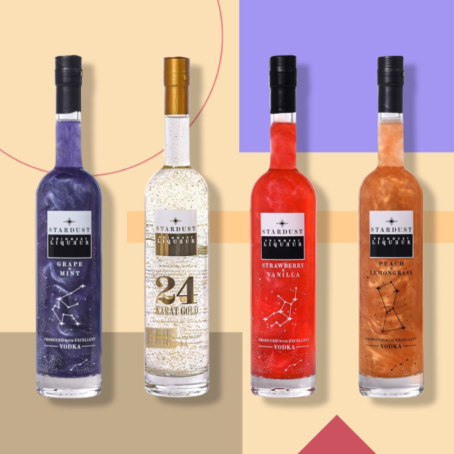 The range of Stardust Liqueur bottles. Grape & Mint, 24 Carat Gold, Strawberry & Vanilla and Peach & Lemongrass.