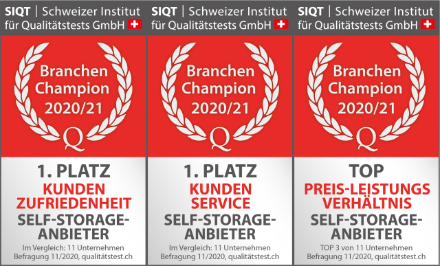 The seal of SIQT, the Swiss Institute for Quality Testing GmbH. Industry Champion 2020/21, 1st place in customer satisfaction as a self-storage provider (in comparison: 11 companies, survey from November 2020).